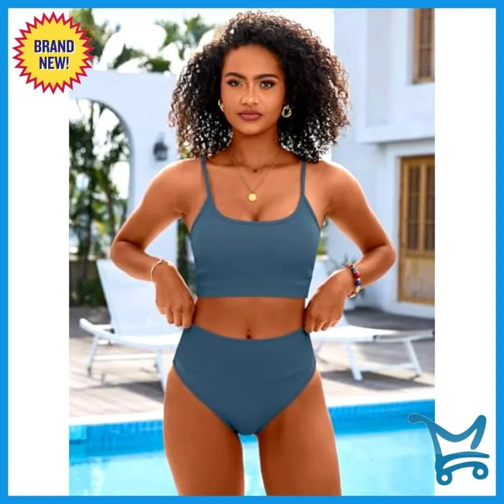 High Waisted Ribbed Bikini Set Tummy Control Adjustable Straps Summer Beach